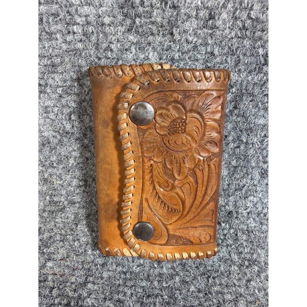 Vintage Hand Tooled Leather Key Case Western Floral Whipstitch Brown UCF Corp